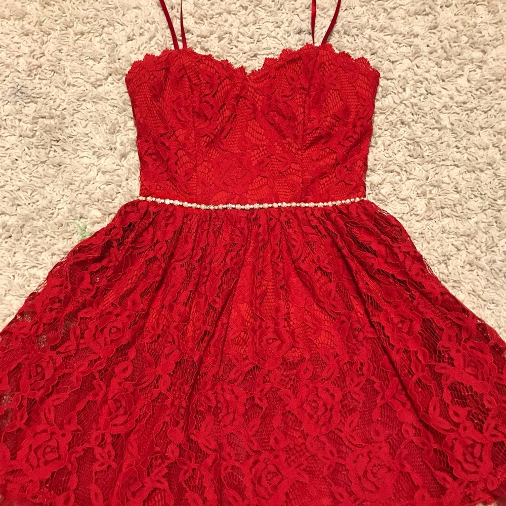 Red lace mini dress